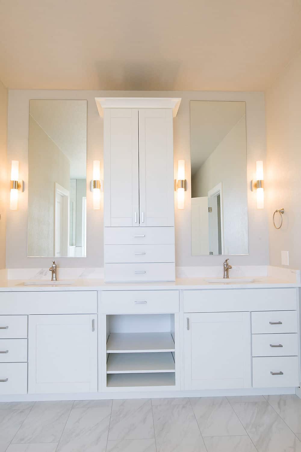 white bathroom shelves